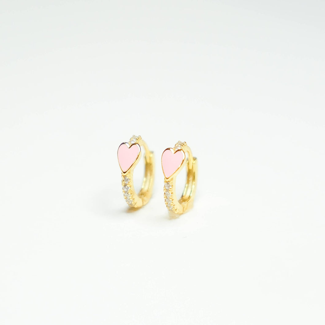 Pave Heart Huggie Earrings: Light Pink
