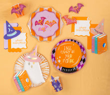 Load image into Gallery viewer, Bats &amp; Bows Small Plates – Pink Halloween Party Plates (Set of 8)