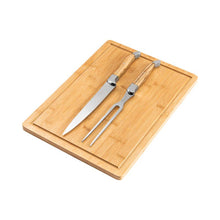 Load image into Gallery viewer, Laguiole Olive Wood Carving Set &amp; Bamboo Moat Board