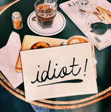 Load image into Gallery viewer, Idiot! Script Decoupage Glass Tray: (2) 3.5&quot;X 5.5&quot;