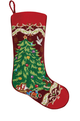 Christmas Tree Needlepoint Red Embroidered Stocking