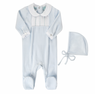 Feather Stitched Velour Romper w/ Hat- Blue