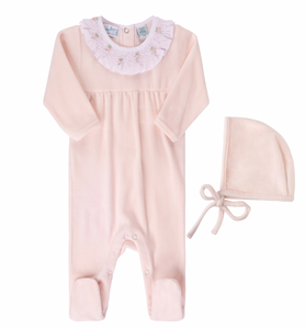 Baby Girl Velour Smocked Collar Romper-- Pink
