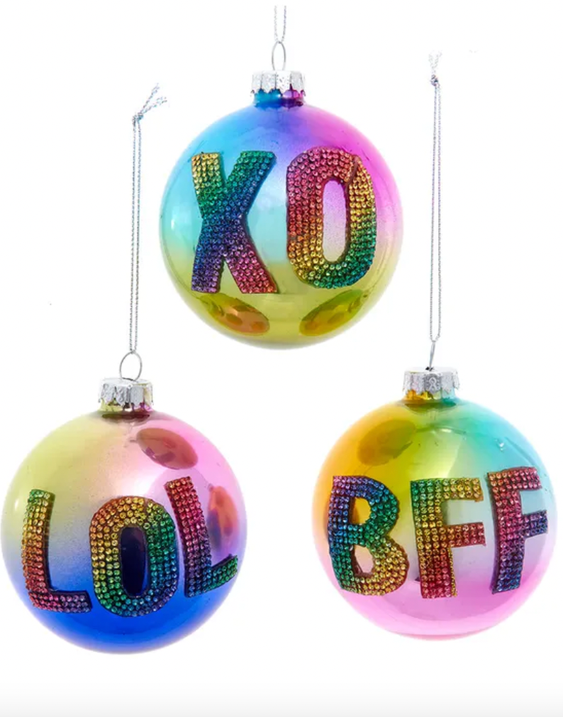 Glass Bedazzled Rhinestone Word Ball Ornaments, 3 Assorted