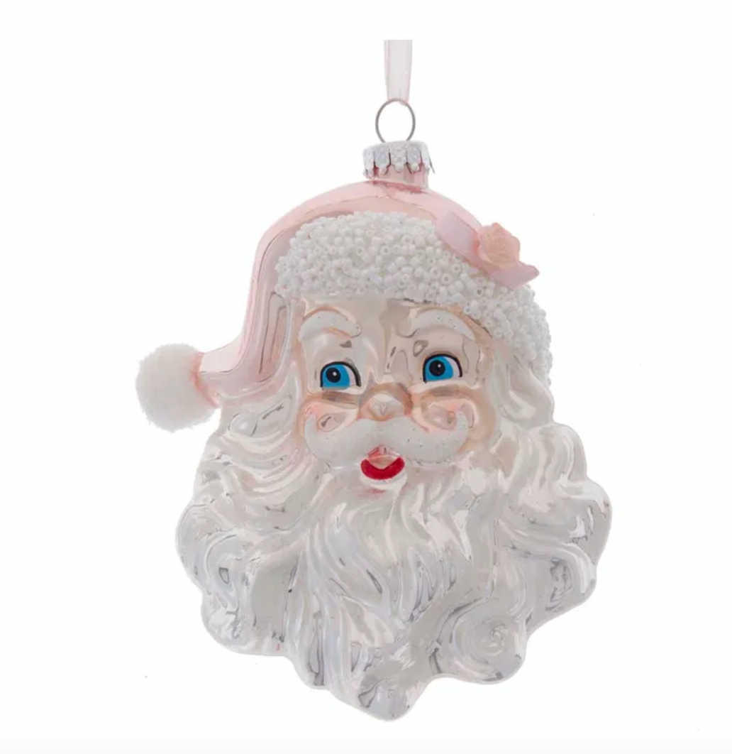 Glass Pink & Silver Santa Head Ornament