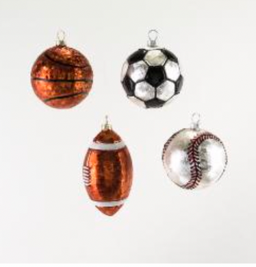 Sport Balls Ornament, 4 Asst, Glass