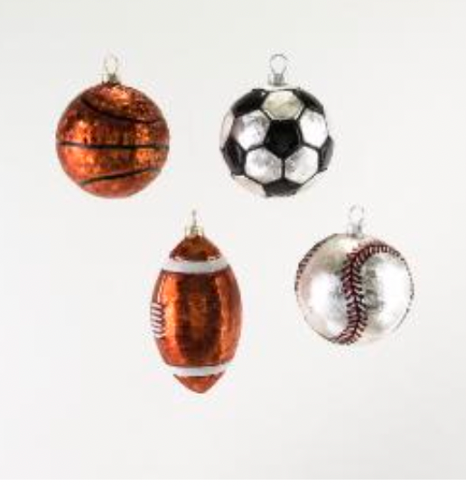 Sport Balls Ornament, 4 Asst, Glass