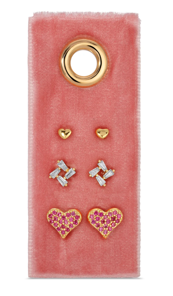 Pink Pave Heart Velvet Stud Gift Set