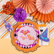 Load image into Gallery viewer, Bats &amp; Bows Small Plates – Pink Halloween Party Plates (Set of 8)