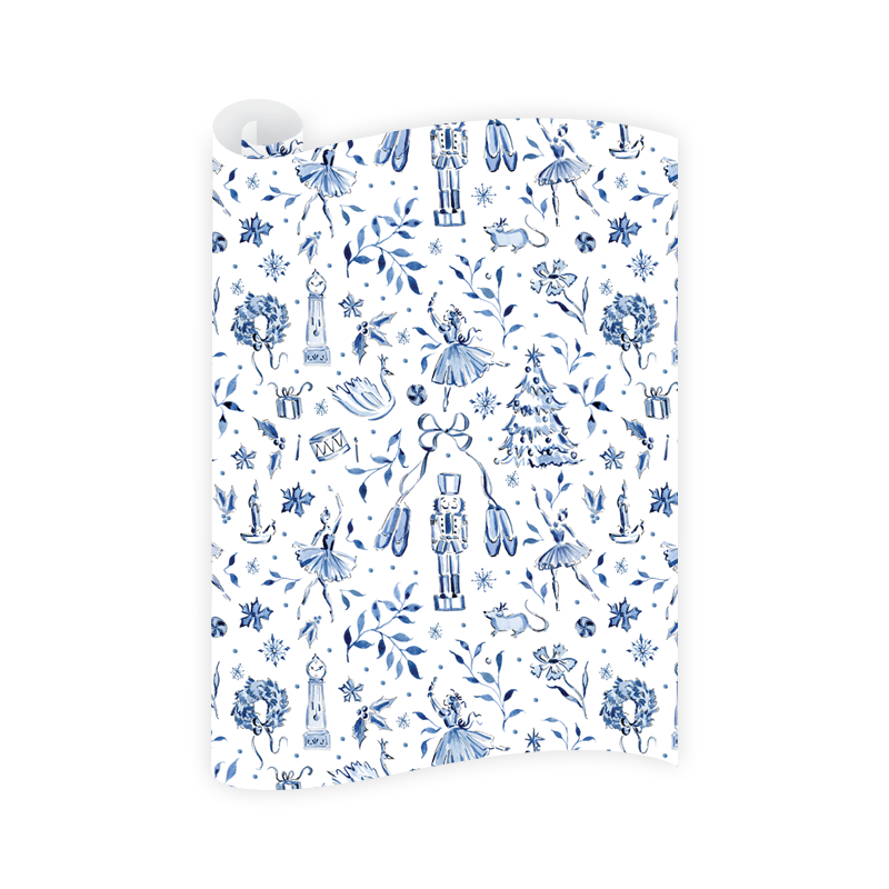 Blue and White Nutcracker Trellis Watercolor Wrapping Paper Sheets