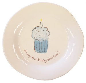 Cupcake Character Plate on White in Blue "Happy Birthday!"