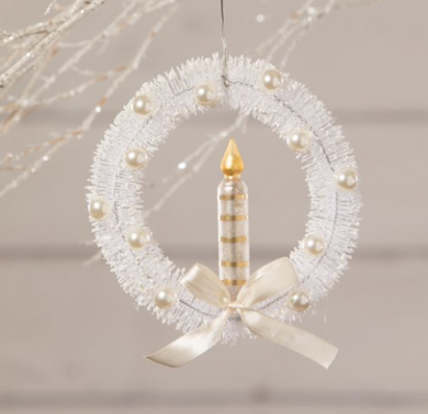 White Bottle Brush Wreath with Candle