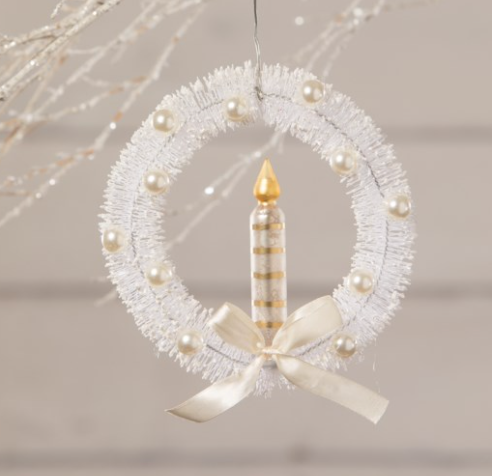 White Bottle Brush Wreath with Candle