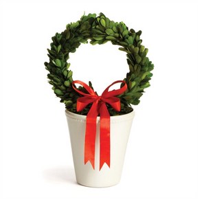 BOXWOOD WREATH & RED RIBBON IN WHITE POT SMALL