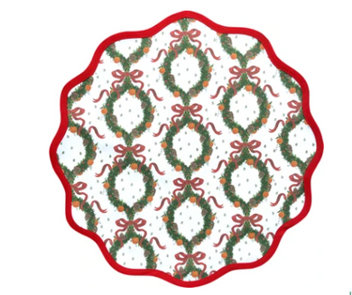 Round Scalloped Placemat - Holiday Wreath Rosebud Red