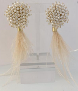 Pearl Cluster and Pink Feather Earrings