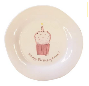 Cupcake Character Plate on White in Pink "Happy Birthday!"